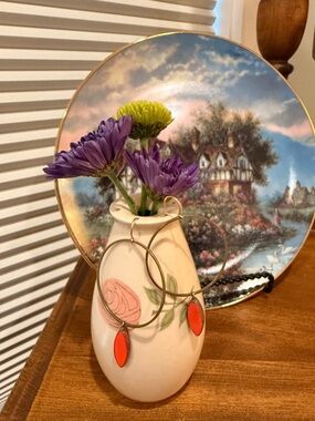 Beautiful Gold Hoop Earrings with Coral Red Dangles